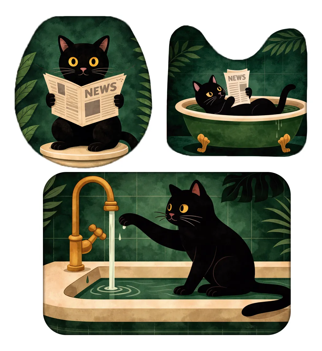 Kit Tapetes Banheiro Antiderrapante 3 Pçs Gato Preto